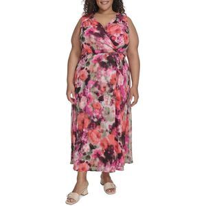 Calvin Klein Womens Plus Size Floral Chiffon Faux Wrap Maxi Dress 20W Hibiscus